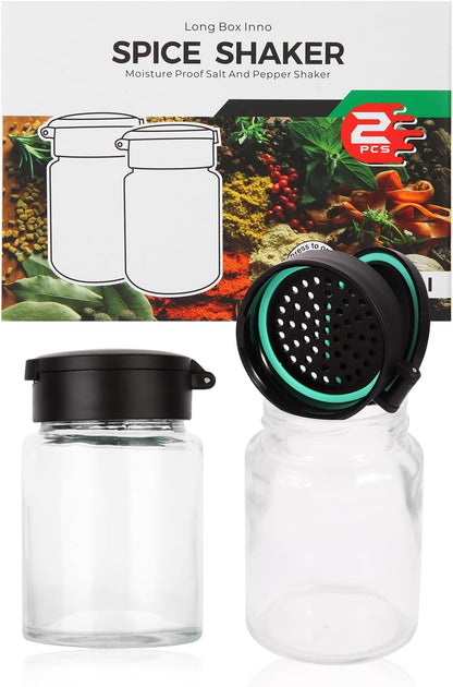 Glass Salt and Pepper Shakers Set of 2, Moisture Proof Salt Shakers for Kitchen Countertop, Clear Salt Pepper Shaker Set, Small Mason Jar Salt & Pepper Shaker with Lid