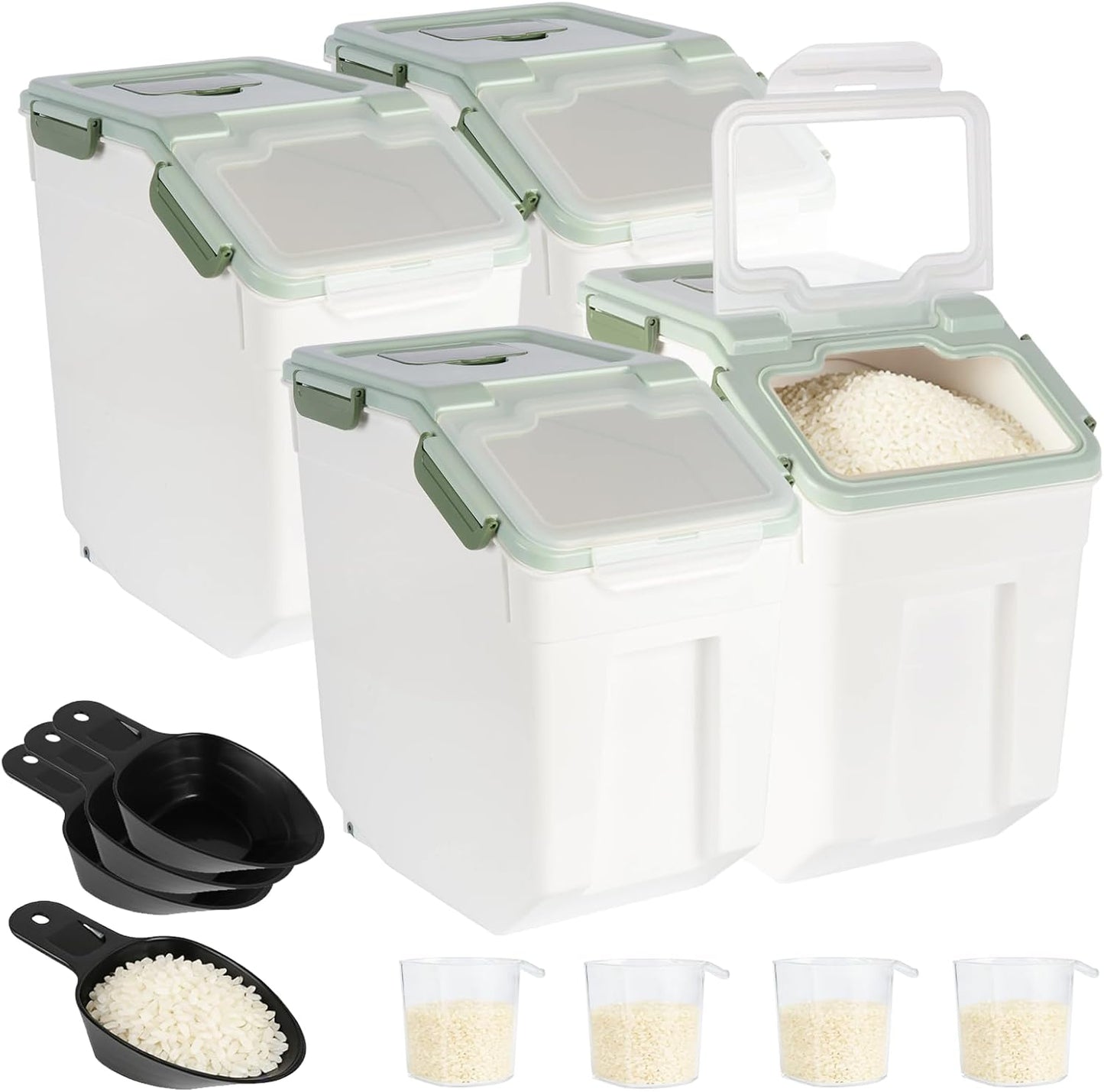 4 Pack Rice Container 25 lbs Large Bulk Flour Sugar Storage Holdhouse Plastic Grain Cereal Dry Goods Bin with Spoon and Measuring Cup for Kitchen Pantry Organization - Green
