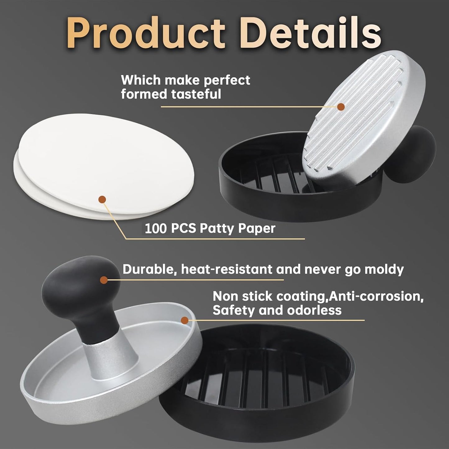Burger Press Patty Maker Stainless Steel Hamburger Patty Press Mold Wood Handle Non-Stick with 100 Patty Papers,BBQs, and Cooking – Perfect for Flattening Patties and Searing Juicy Burgers