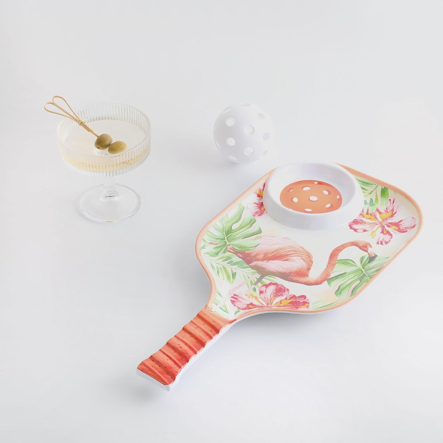 UPware Flamingo Melamine Chip and Dip Snack Tray, Tropical Floral Pickleball Paddle Shape Platter for Chips, Salsa, Fruits, and Appetizers, 15.75 x 8 Inch