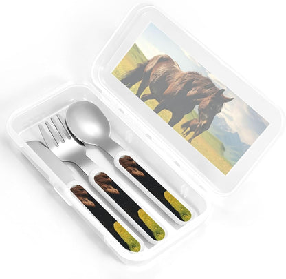 3-Piece Children Utensils Set Grazing wild horses Knife Spoon Fork Set Stainless Steel Silverware Set Easy-Grip Reusable Utensils Set Child Flatware Set with Case for Lunch Travel