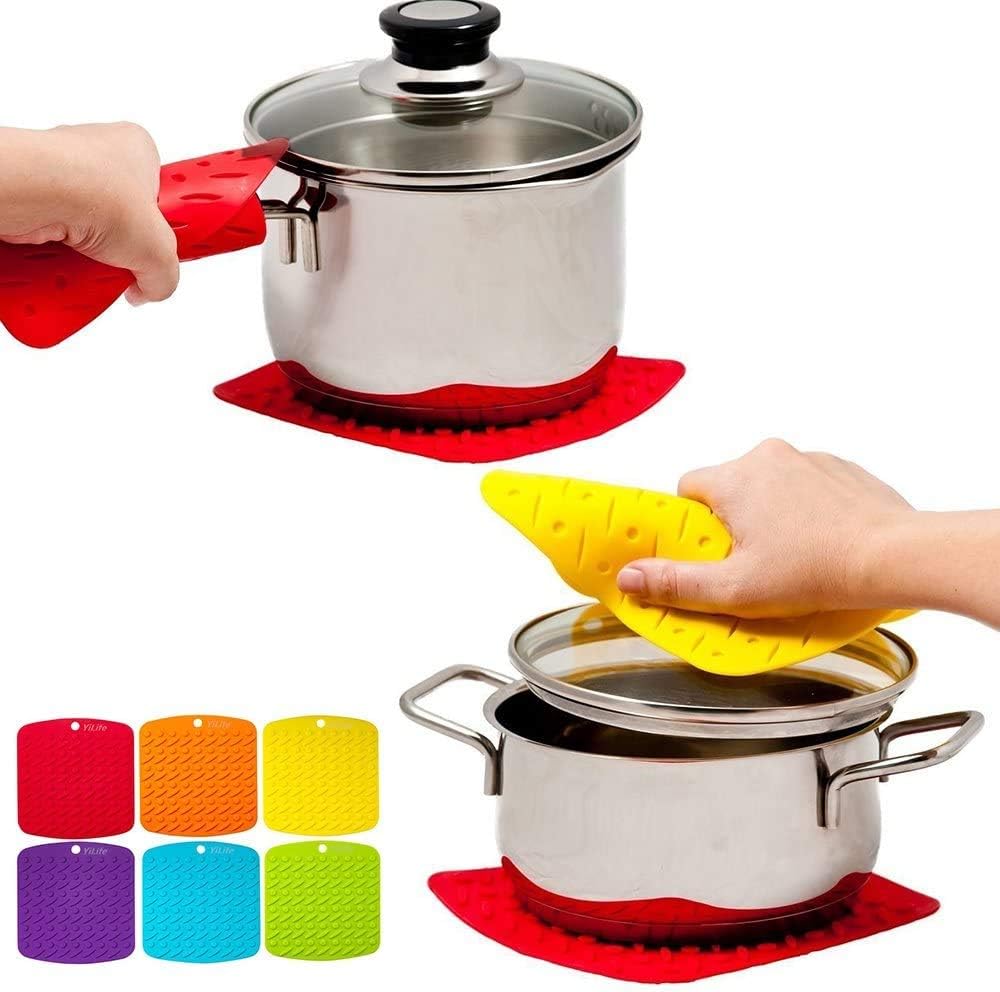 Trivets, Mitts,Spoon Rest and Garlic Peeler Hot Pads Multipurpose Kitchen Tool. 7x7 Potholders(Set of 6),Dishwasher,Durable, red/Green/Blue/Orange/Yellow/Purple