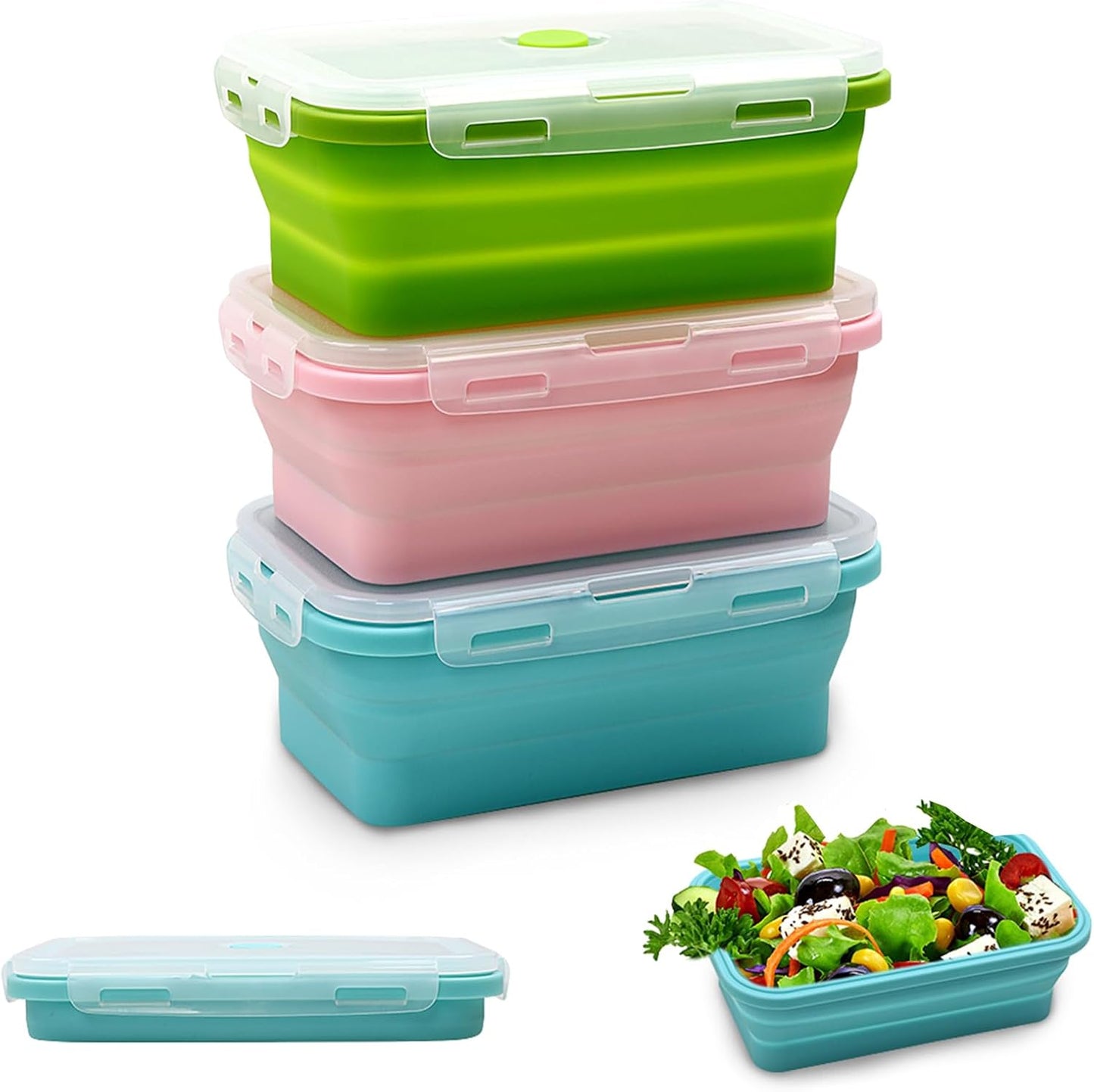 Alimat PluS 40.5oz Silicone Collapsible Food Storage Containers with Lids, 3 Pack Set 1200ml Folding Large Meal Prep Lunch Containers, Microwave, Freezer and Dishwasher Safe