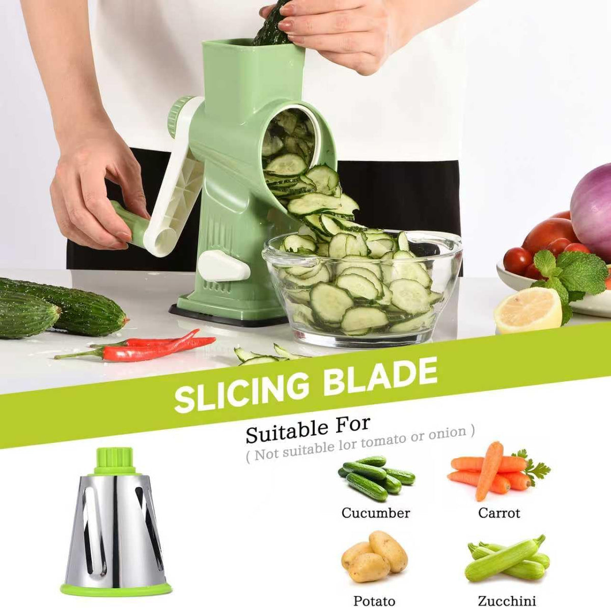 Rotary Cheese Grater with Handle Kitchen Shredder Slicer Grater Slicer Ice Shaver Cheese Vegetable Nuts Potato Zucchini Chocolate 3 Interchangeable Blades (GreyBlue
