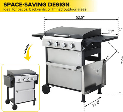 CIG GARDEN 3-Burner Gas Grill & Griddle Combo, 2-in-1 Propane BBQ with Stainless Steel Griddle, Cast Iron Grates & Lid - 30,000 BTU Flat Top for Patio, Backyard, Camping
