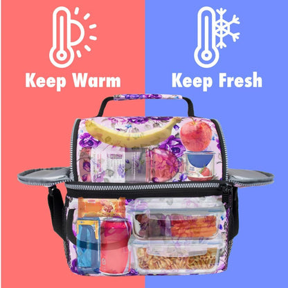 opux Insulated Lunch Bag Women Men, Dual Compartment Leakproof Lunch Box Adults Kids, Double Decker Meal Prep Bento Lunch Cooler Tote with Shoulder Strap for Work Office School Travel, Floral Purple