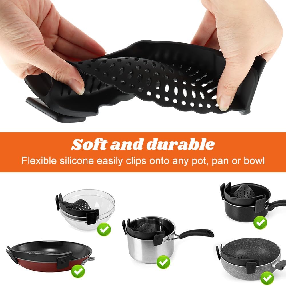 Clip on Silicone Strainer with Scraper, Adjustable Pasta Colander