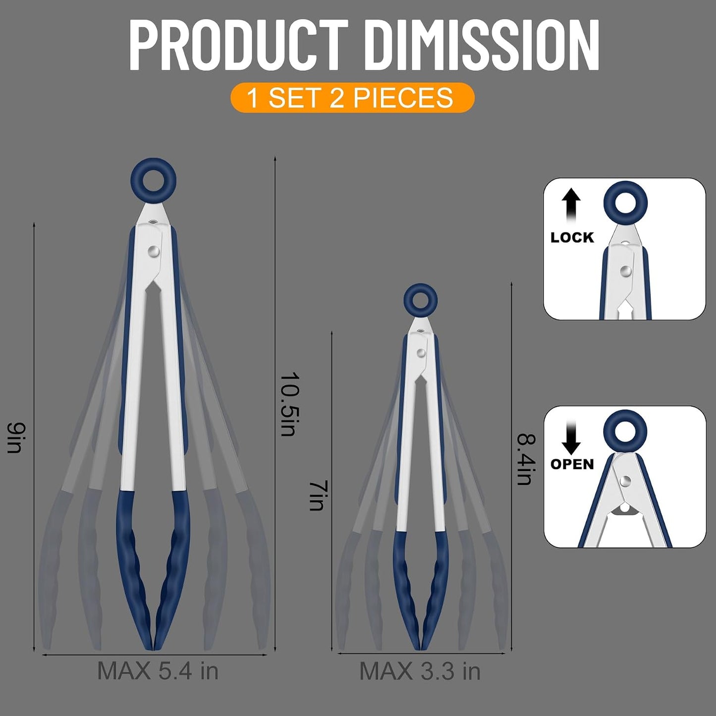 HOTEC Premium Stainless Steel Locking Kitchen Tongs with Silicon Tips, Set of 2-9" and 12"