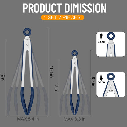 HOTEC Premium Stainless Steel Locking Kitchen Tongs with Silicon Tips, Set of 2-9" and 12"