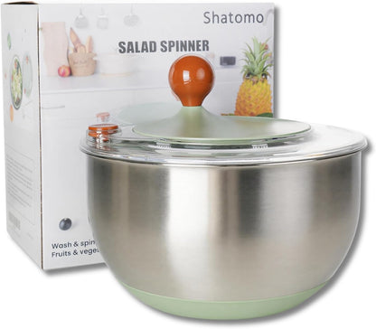 Stainless Steel Salad Spinner, 5.3 Qt Lettuce Spinner with Non-Slip Base, Drain and Stop Button, Fruit and Vegetable Washer and Dryer Spinner