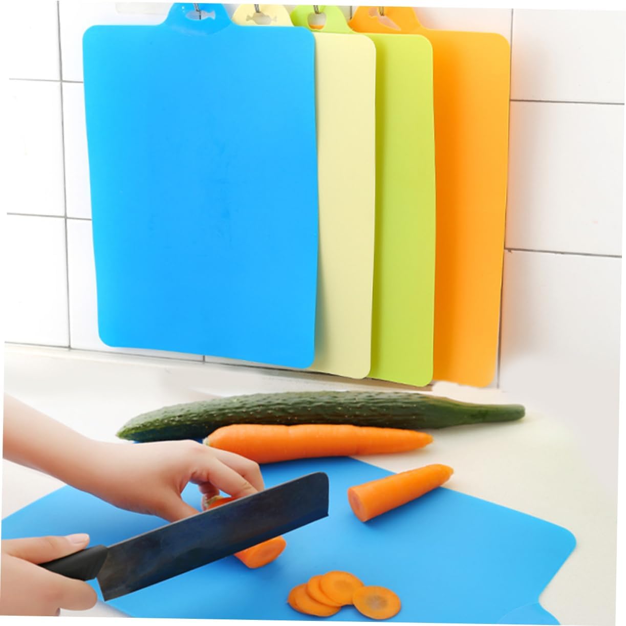 Unomor 4pcs Flexible Cutting Board Non-slip Textured Mats for Kitchen Prep Safe Material Includes Blue Green Beige Orange Easy to Hang and Store