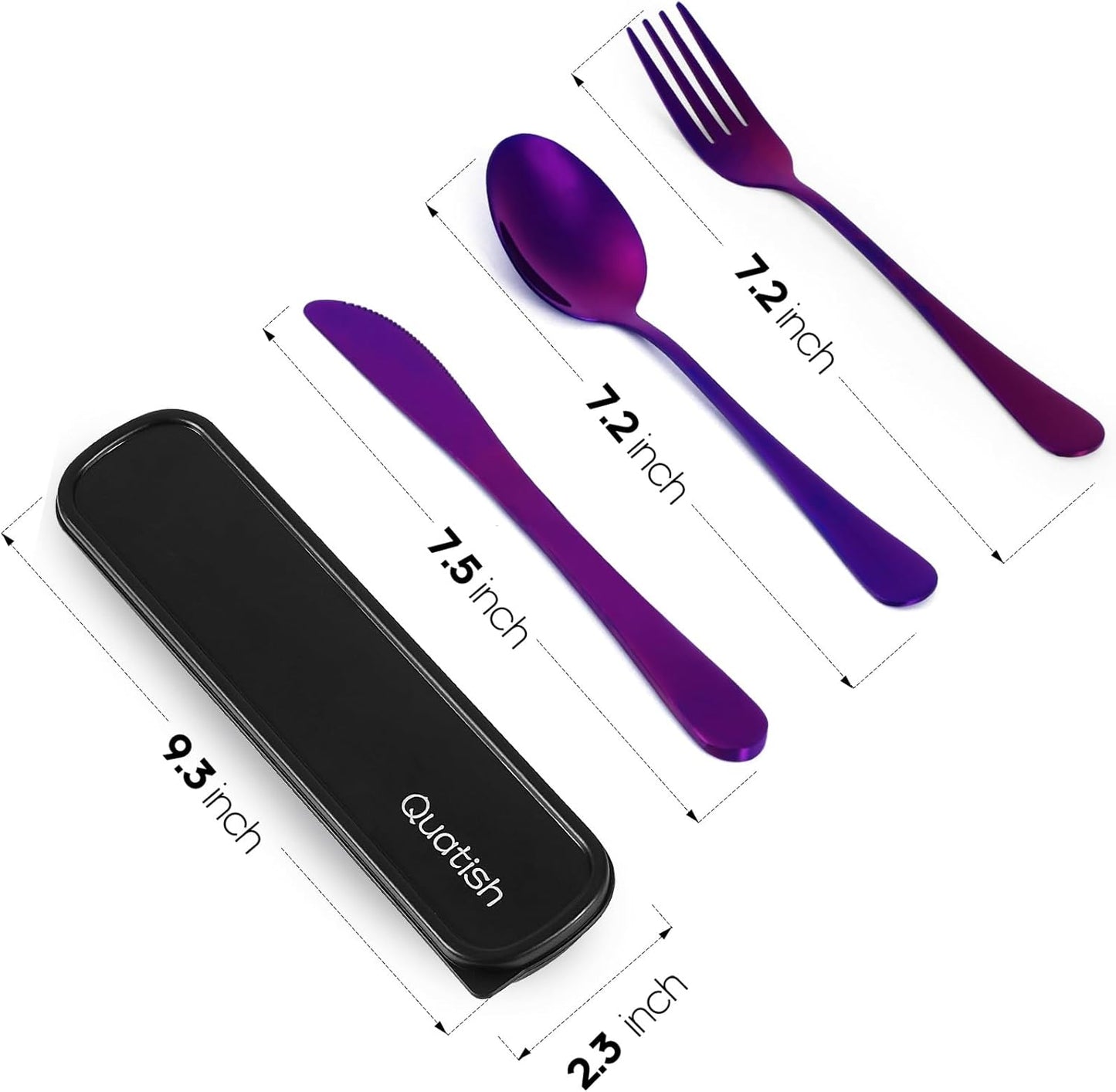 Travel Utensils with Case, Quatish 4 Piece Stainless Steel Silverware Set for Work, Portable Reusable Travel Cutlery Set, Fork and Spoon Set for Picnic, Camping, Gadgets, Lunch Box for Men, Rainbow