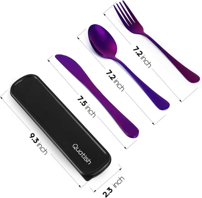 Travel Utensils with Case, Quatish 4 Piece Stainless Steel Silverware Set for Work, Portable Reusable Travel Cutlery Set, Fork and Spoon Set for Picnic, Camping, Gadgets, Lunch Box for Men, Rainbow