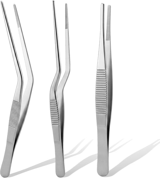 3 PCS Kitchen Cooking Tweezers Culinary, Kitchen Tweezers for Cooking, 6.3 Inch Tweezer Precision Tongs for Cook Food Tweezer Stainless Steel Food Tongs for BBQ, Baking, Plating and Serving