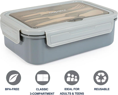 Caperci Classic Bento Box Adult Lunch Box for Older Kids - Leakpoof 47 oz 3-Compartment Lunch Containers for Adults and Teens, Built-in Utensil Set, Ideal for On-the-Go Balanced Eating,Khaki Green