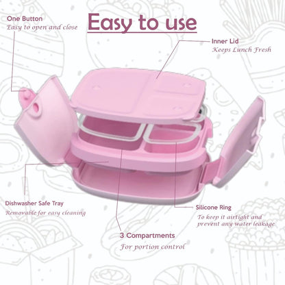 BUBBLOO Bento Box for Kids with Silverware - 3 Compartment Ideal Portion Sizes - BPA Free Removable Plastic Tray - Leak Proof Kids Lunch Box, Pink