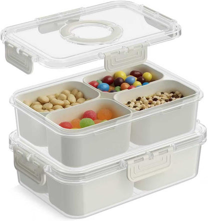 Snackle Box Container, Upgrade Dishwasher,Safe Snack Box for Adult Kids, 4 compartments Plastic Divided Serving Tray with Lid and Handle for Candy, Fruits, Snacks, Nuts,Small,White,1 Pack