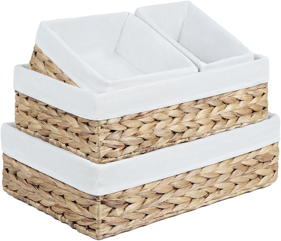 Water Hyacinth Shelf Baskets 4-Pack, Handwoven Wicker Bins with Removable Linen Liners – Divided Upper Compartment & Open Handles, Stackable for Pantry Bathroom Closet