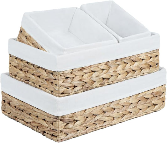 Water Hyacinth Shelf Baskets 4-Pack, Handwoven Wicker Bins with Removable Linen Liners – Divided Upper Compartment & Open Handles, Stackable for Pantry Bathroom Closet