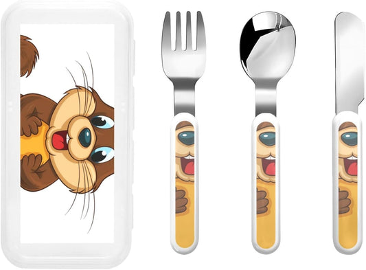 3-Piece Kids Silverware Set With Storage Case, Stainless Steel Reusable Children Safe Knife Spoon Fork Set Cartoon Animated Beaver Children Flatware Set For Kids Lunch Box