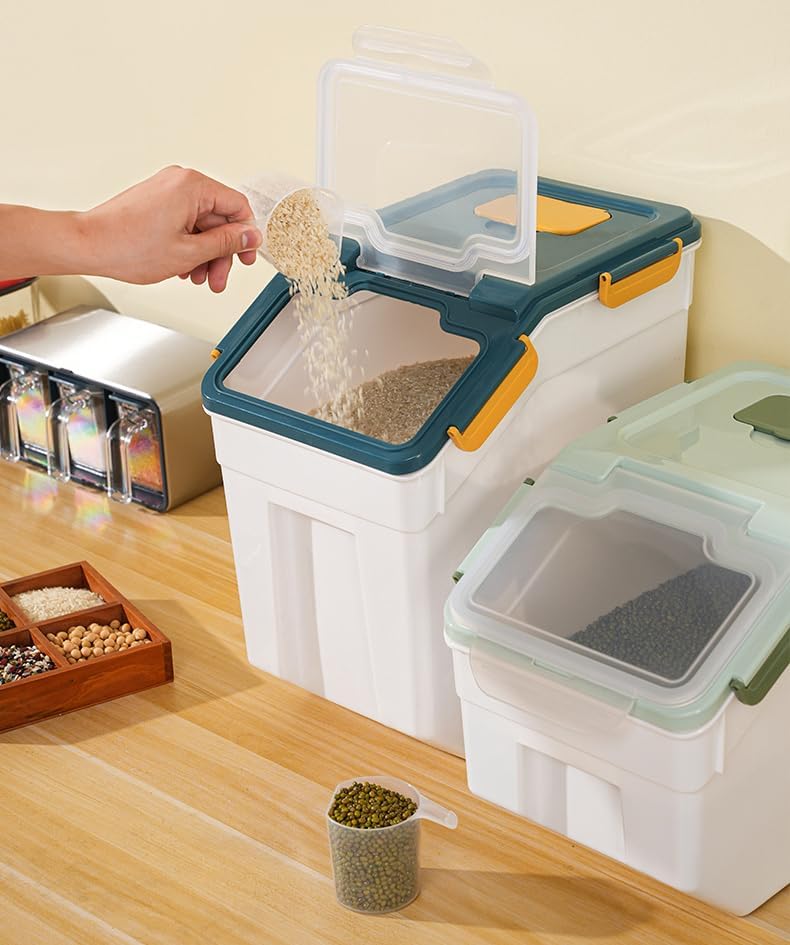 AnRui Airtight Flour Storage Container 25lb, Plastic Grain Storage Bucket, Rice Cereal Dispenser Organizer Box with Lid, Cat Dog Food Storage Bin with Measuring Cup, Scoop, Wheels, 2Pcs Green