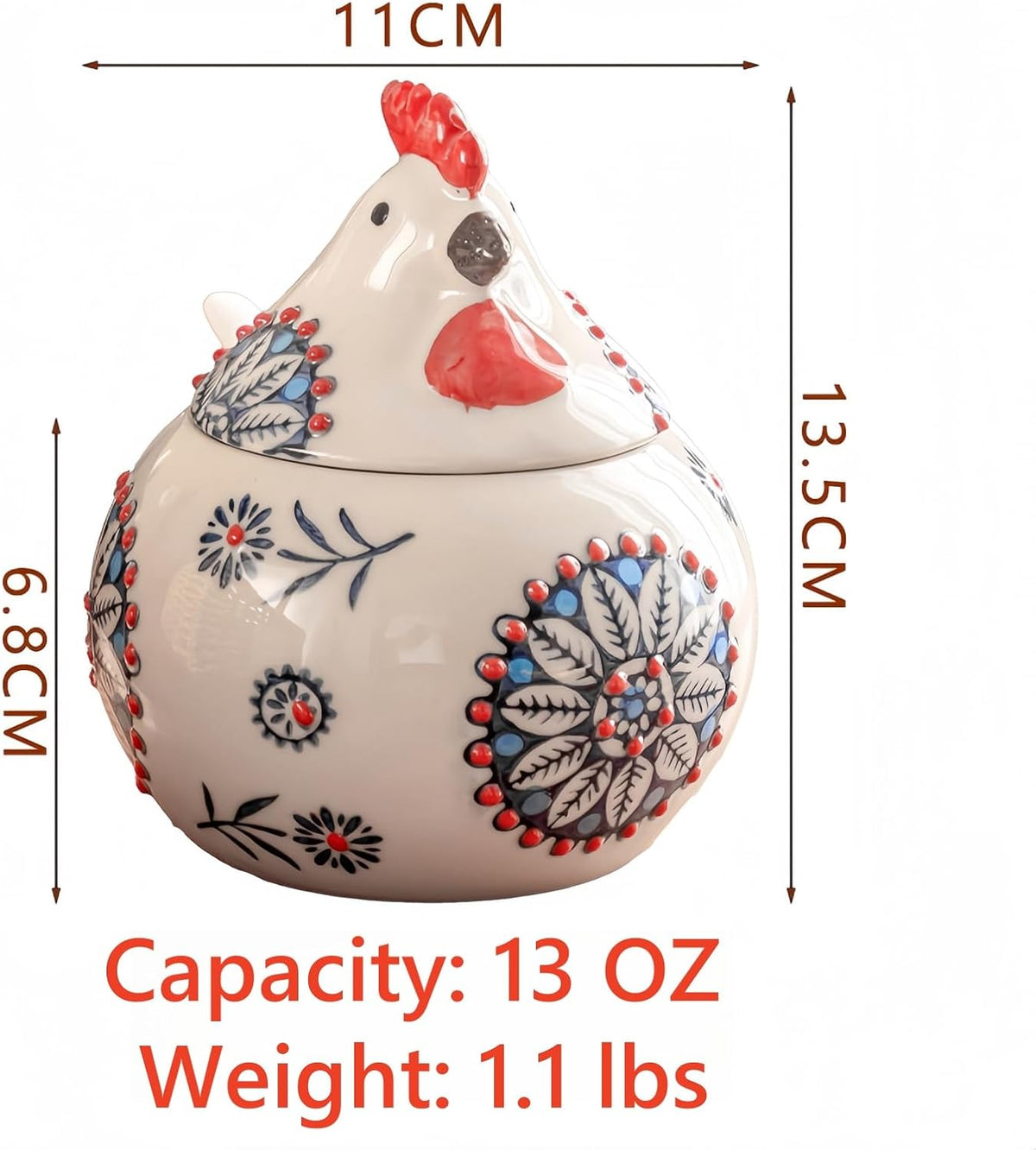 Ceramic Chicken Salt Cellar with Lid and Spoon, 13 OZ Chicken Decor, Blue