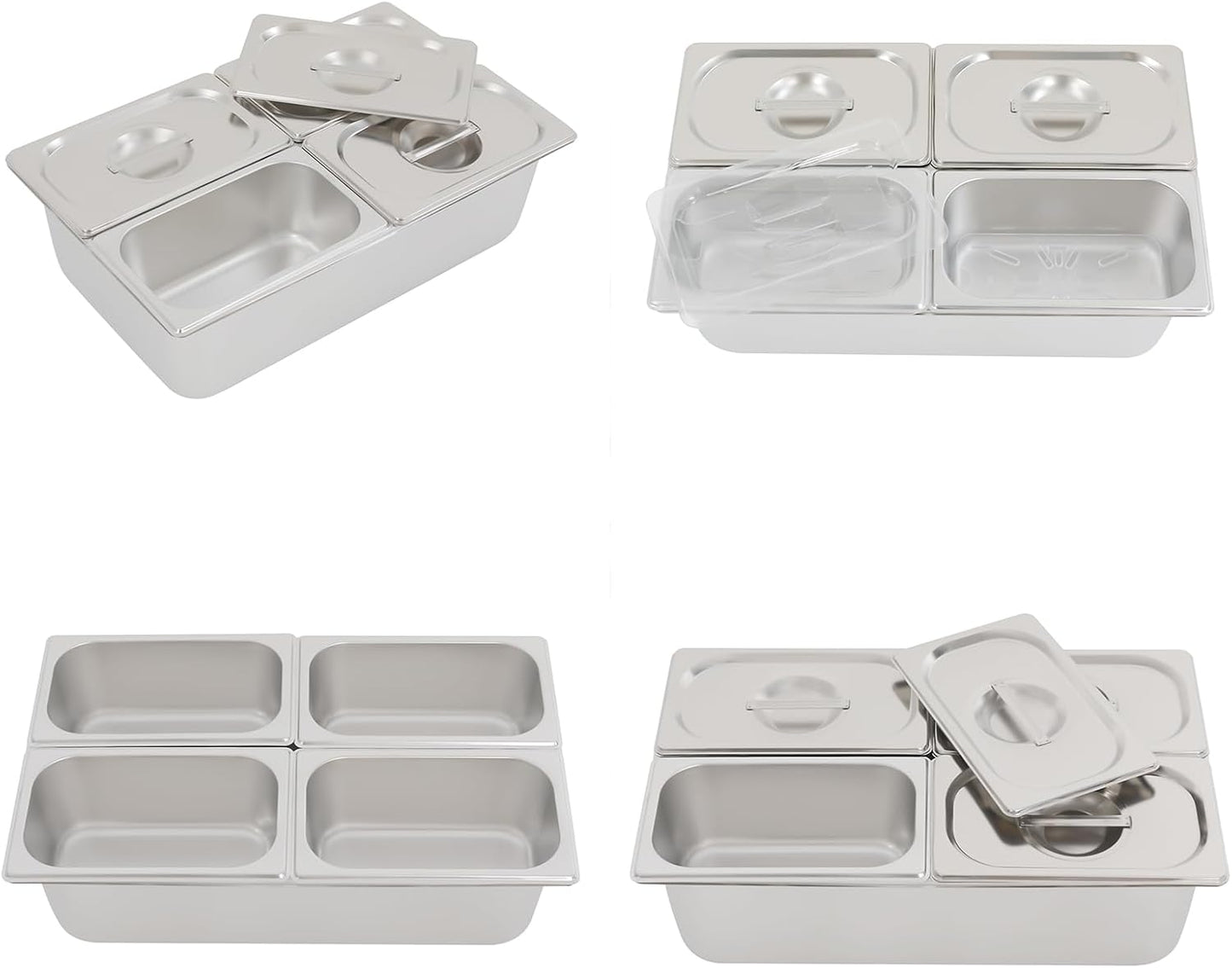 3/4/6 Compartment Stainless Steel Fruit Serving Set with Removable Acrylic Lids, Drainage Mats - Commercial Food Storage Containers for Buffet, Restaurant (3-Pan)