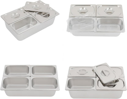 3/4/6 Compartment Stainless Steel Fruit Serving Set with Removable Acrylic Lids, Drainage Mats - Commercial Food Storage Containers for Buffet, Restaurant (3-Pan)