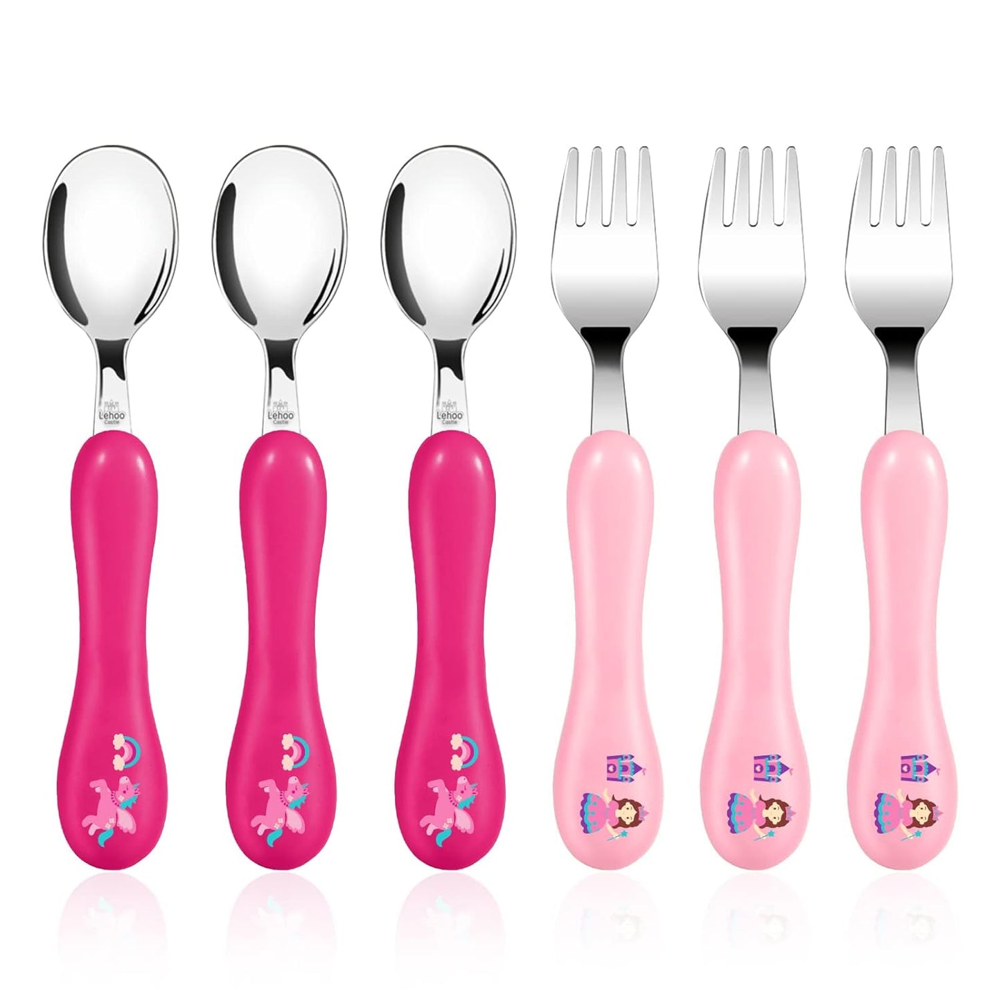 Lehoo Castle 6 Pieces Toddler Utensils, Kids Silverware for 2 3 4 Years Old, Stainless Steel Fork and Spoon Set with Plastic Handle, Safe Toddler Cutlery (Dinosaur)