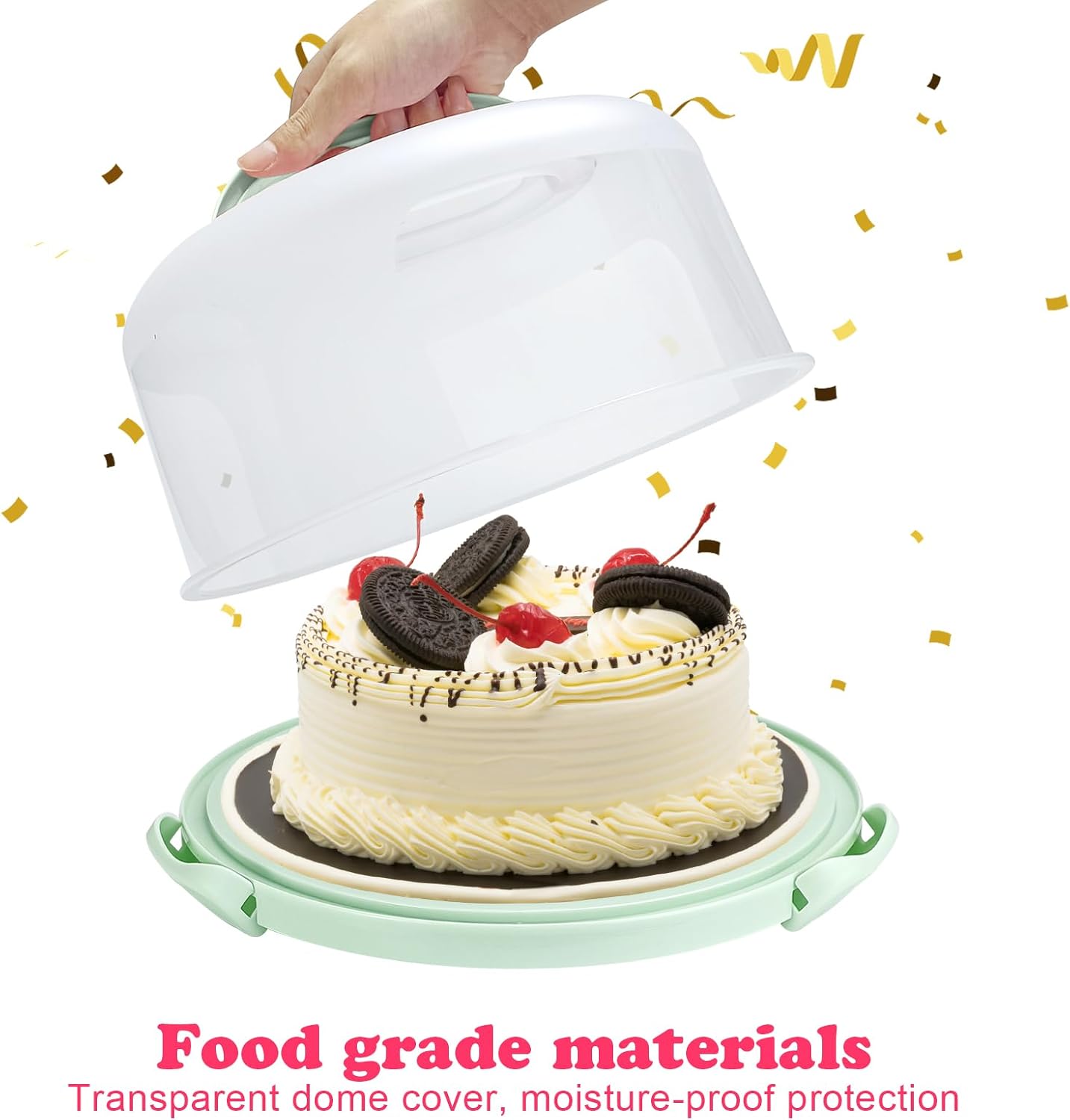 Cake Carrier with Lid and Handle, Fit 10’’ Cake Stand with Lid, Cake Transport Storage Container, Cake Containers Cover Stand with Lids, 3 Secure Side Closures (White)