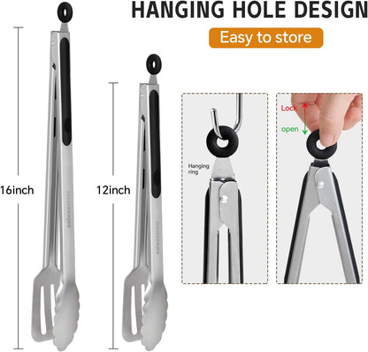 Grill Tongs,Metal Tongs,16 & 12 Inch Heavy Duty Extra Long Stainless Steel Locking Kitchen Tongs,Integrated Tongs‑Spatula Design，Perfect for Cooking, Grilling, Barbecue/BBQ, Buffet, Set of 2