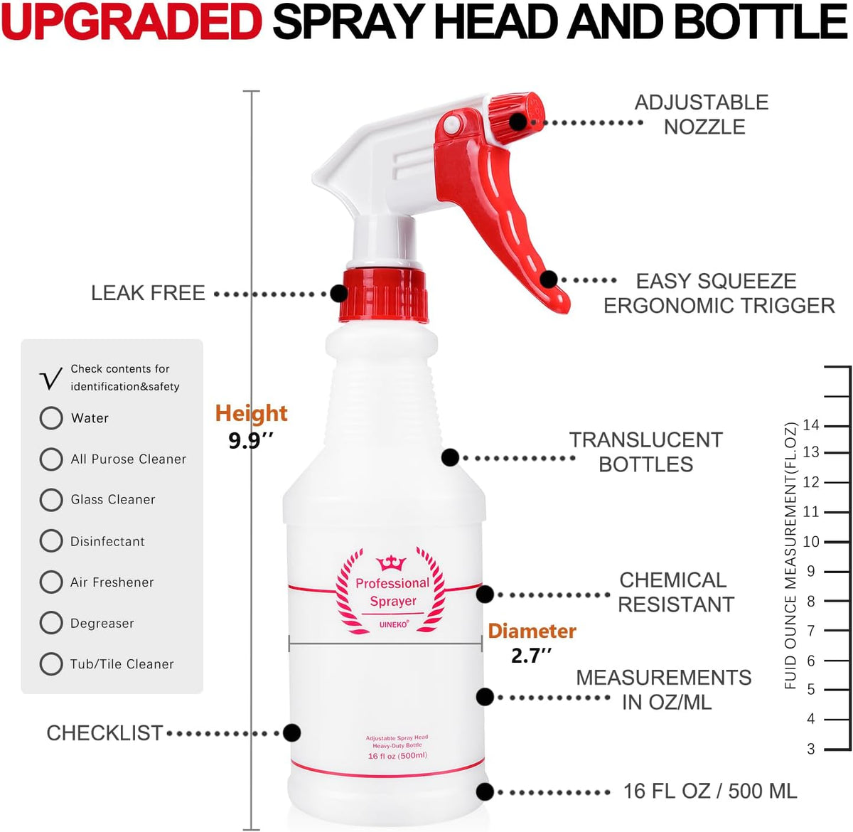 Uineko Empty Spray Bottles, Heavy Duty Sprayer, Mist & Stream, 4 Pack 24 Oz