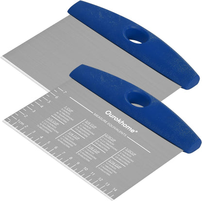 Ourokhome 2 Pack Bench Scraper Dough Cutter, Stainless Steel Dough Scraper with Laser-Etched Scale, Conversion Chart, Non-Slip Handle, Dishwasher Safe for Bread & Pastry, Black