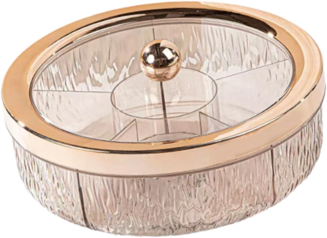 Divided Serving Tray Snack Platter Rotating 6 Compartments Dustproof Nuts Storage Platter Dessert Plate for Home Living Room, rose golden ball