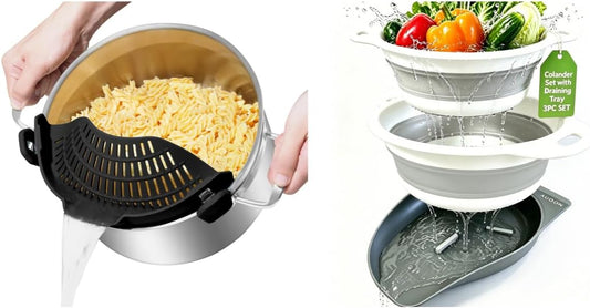 AUOON Clip On Strainer Silicone for All Pots and Pans (Black, Large) & AUOON Collapsible Colander Set (3QT + 4QT) with Draining Base (White+Gray)