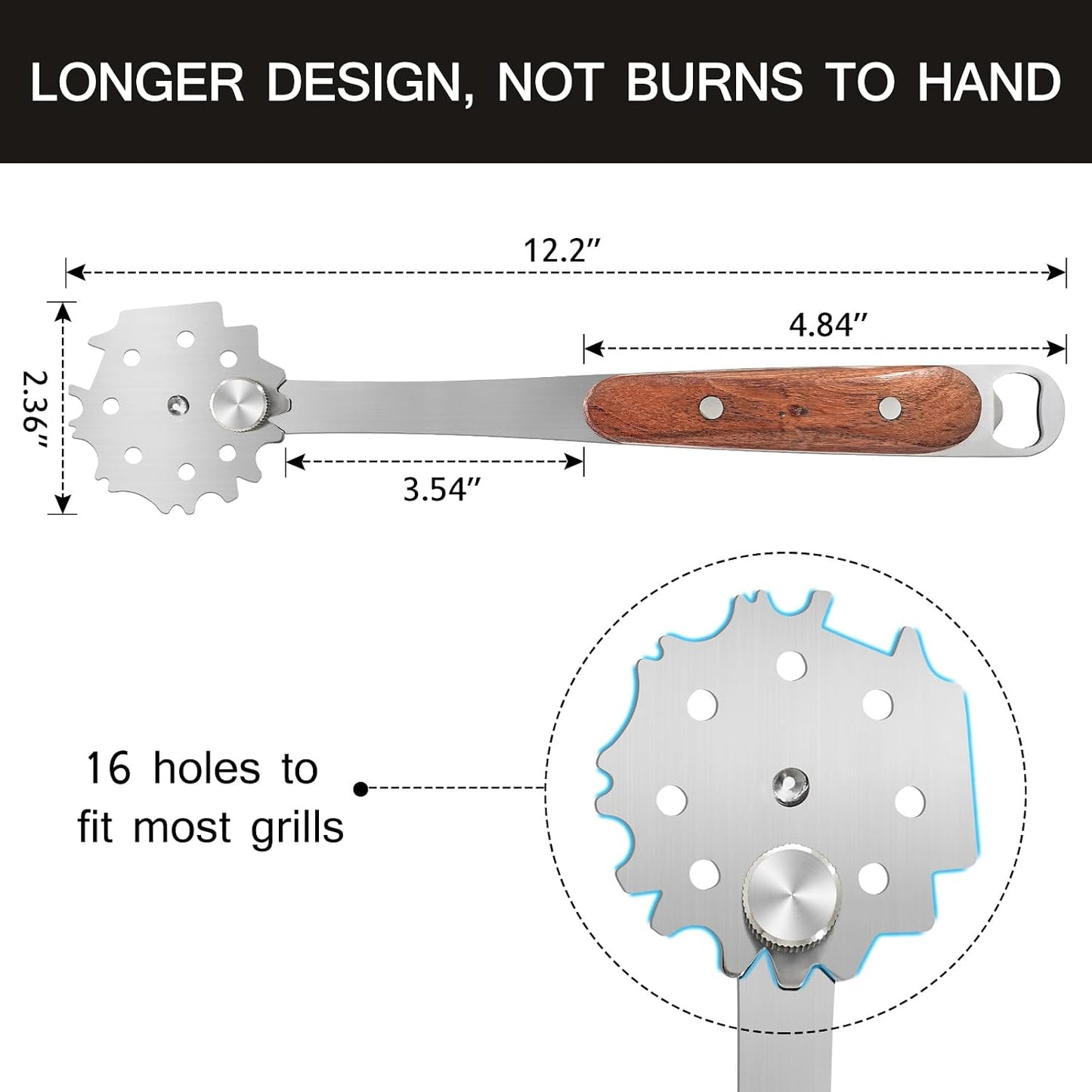 1 PCS Stainless Steel BBQ Grill Scraper,Wooden Handle Metal Barbecue Grill Grate Cleaner,Adjustable Brush Head,Grill Cleaner Tool Grill Scraper with Bottle Opener Works with Most Grill Grates