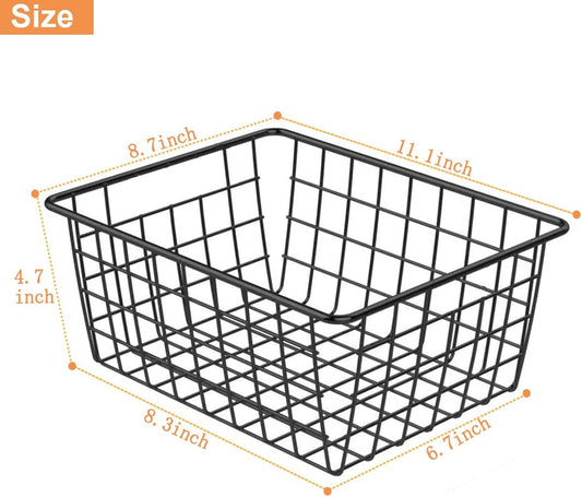 3 Pack Large Wire Baskets for Organizing 14.2'' Metal Wire Baskets with Built-in Handles, Wire Storage Basket Black Metal Freezer Organizer Wire Basket for Pantry, Cabinets, Bathroom