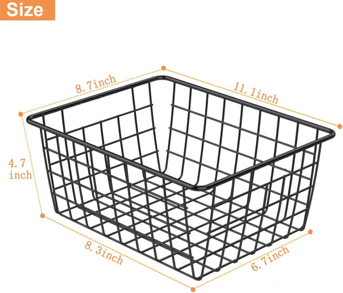 3 Pack Large Wire Baskets for Organizing 14.2'' Metal Wire Baskets with Built-in Handles, Wire Storage Basket Black Metal Freezer Organizer Wire Basket for Pantry, Cabinets, Bathroom