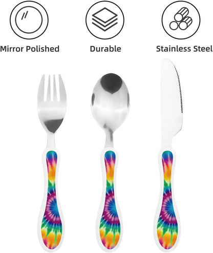 3-Piece Kids Silverware Set, Stainless Steel Reusable Children Safe Knife Spoon Fork Set With Storage Case Tie Dye Pattern Children Flatware Set For Kids Lunch Box