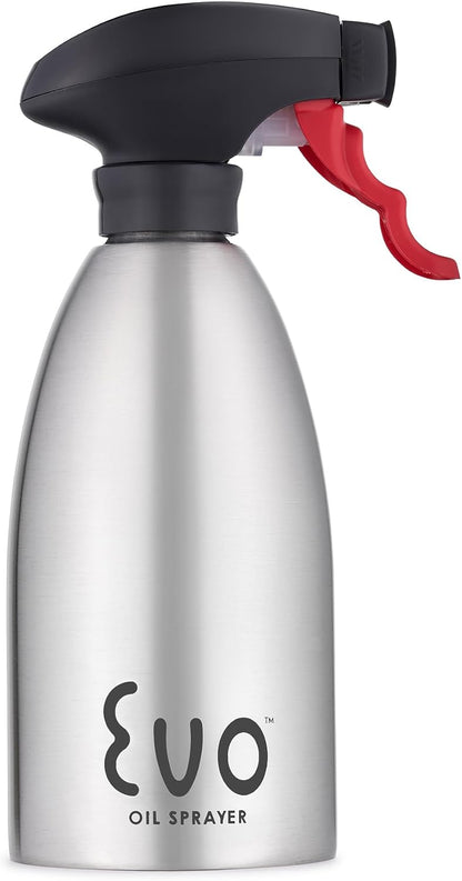 Evo Oil Sprayer 18/8 Stainless Steel, Non-Aerosol for Olive, Cooking Oils, and Vinegars, Silver, 16-Ounce Capacity