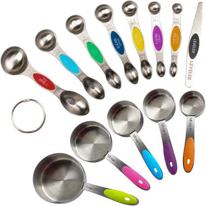 EDELIN Measuring Cups and Magnetic Measuring Spoons Set, Stainless Steel 5 Cups and 7 Spoons (Black)