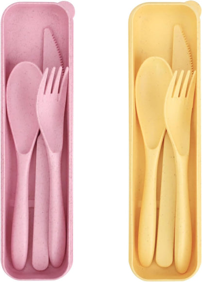 2 Sets Reusable Utensil Set with Case, Portable Camping Fork Knife Spoon Set, Wheat Straw Travel Utensils for Lunch Box, for School Work Lunch or Daily Use (Green, Blue)