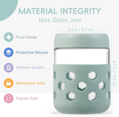 Gemice 6-Pack 10oz Glass Mason Jars with Silicone Sleeves, Airtight BPA-Free Overnight Oats Containers with Lids, Dishwasher Safe Leak-Proof Meal Prep Jars for Chia Pudding, Yogurt, Snacks