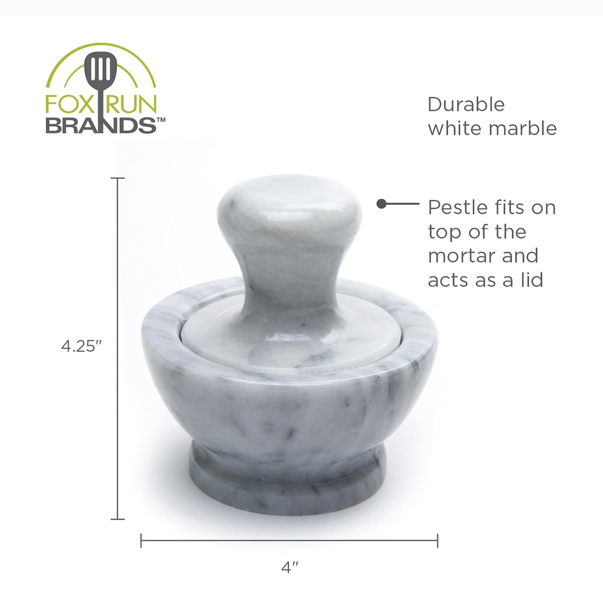 Fox Run Marble Mortar and Pestle Set, White, Small 4" Pestle and Mortar