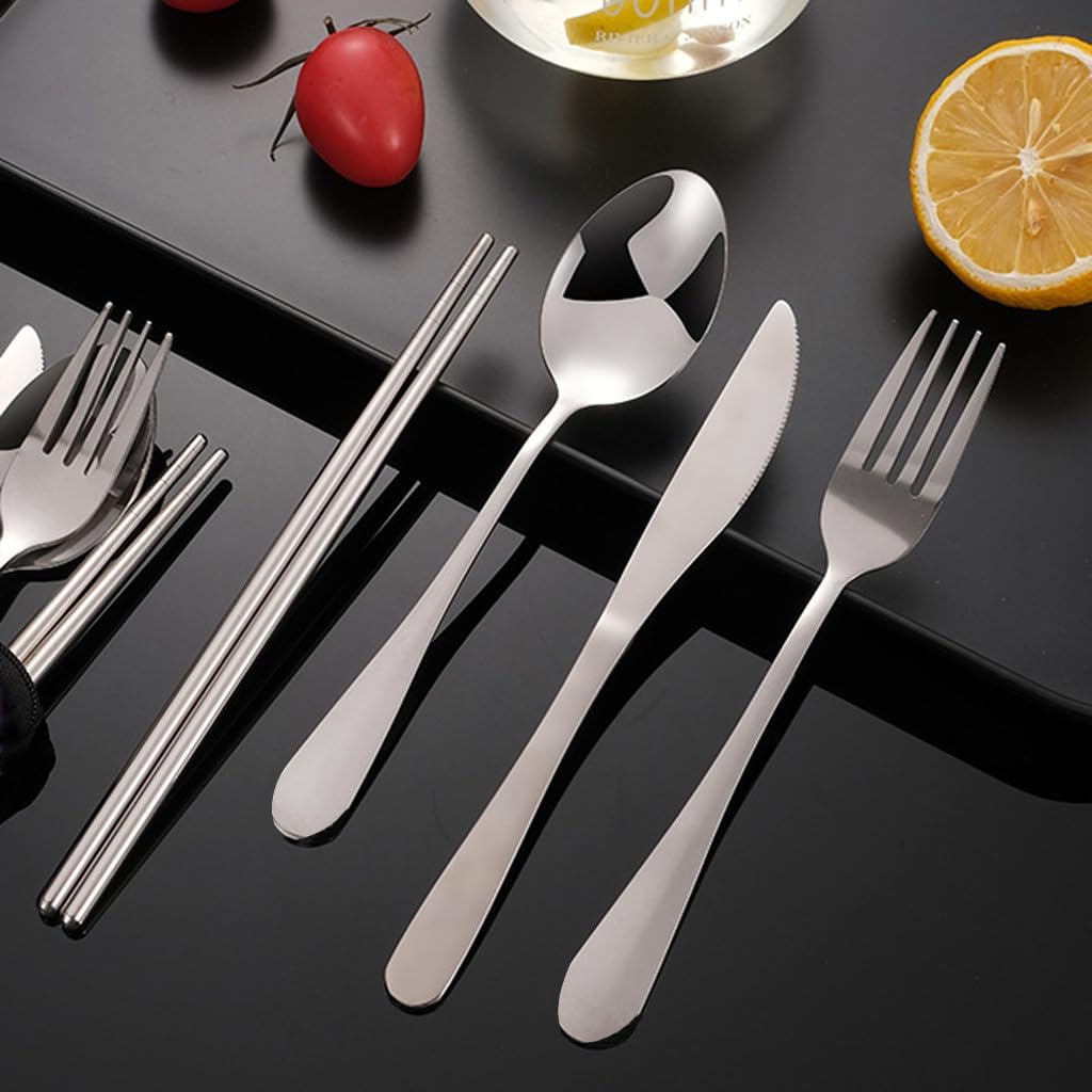 5PCS Portable Silverware Set with Case, Premium Stainless Steel Travel Camping Cutlery Set, Reusable Safe Flatware Sets for Lunch Box/Workplace/Students, Dinnerware with Carrying Case,Silver