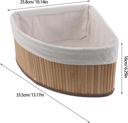 Corner Storage Basket - Bamboo Woven Organizer with Liner - Woven Pantry Basket for Shelves - Triangle Storage Bin for Kitchen, Bathroom and Bedroom (White)