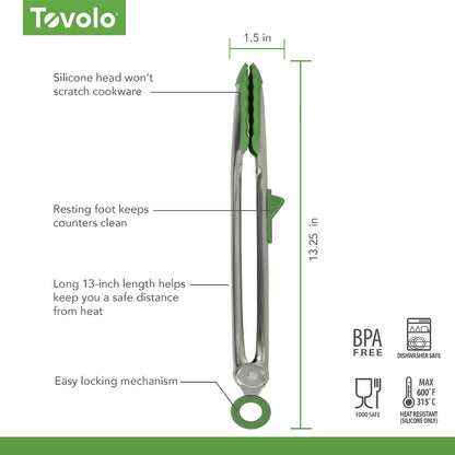 Tovolo Tongs With Silicone Tips Easy Grip 13” Long Kitchen Tongs Stainless Steel Handle For Cooking BBQ, Non Scratch Heat Resistant Locking Metal Silicone Tipped Dishwasher Safe BPA Free, Black