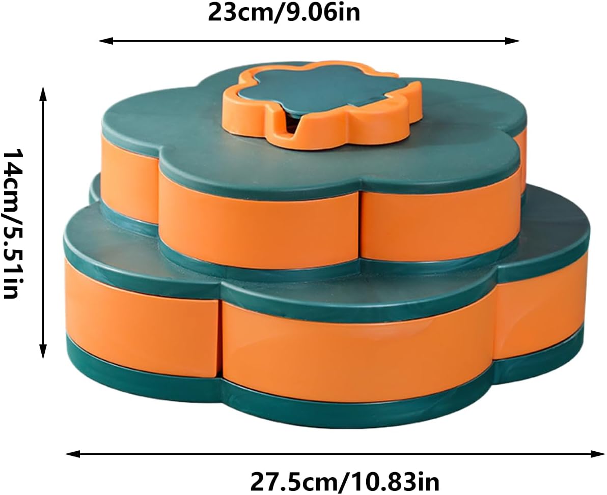 Rotating Snack Tray with Double Layer Flower Shape Design, Sectioned Candy and Nut Storage Container with Lid, 360 Degree Rotating Snack Box Organizer for Party Appetizers Dips Home Kitchen Picnic