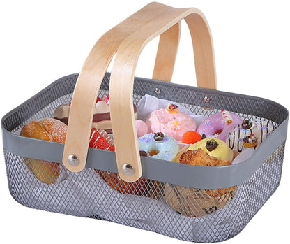 AJIODA Metal Mesh Steel Basket, Storage Organizer Basket Garden Harvest Basket Multi-functional Kitchen Fruit Baskets Bin with Wooden Handle for Bathroom Picnic Shopping Decor Cabinet Home, Pink