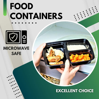 Green Direct 3 Compartment Meal Prep Containers With Lids, Disposable Plastic Lunch Food Storage Containers, To Go Take Out Freezer & Microwave Safe For Leftover, Bento Box Pack of 10
